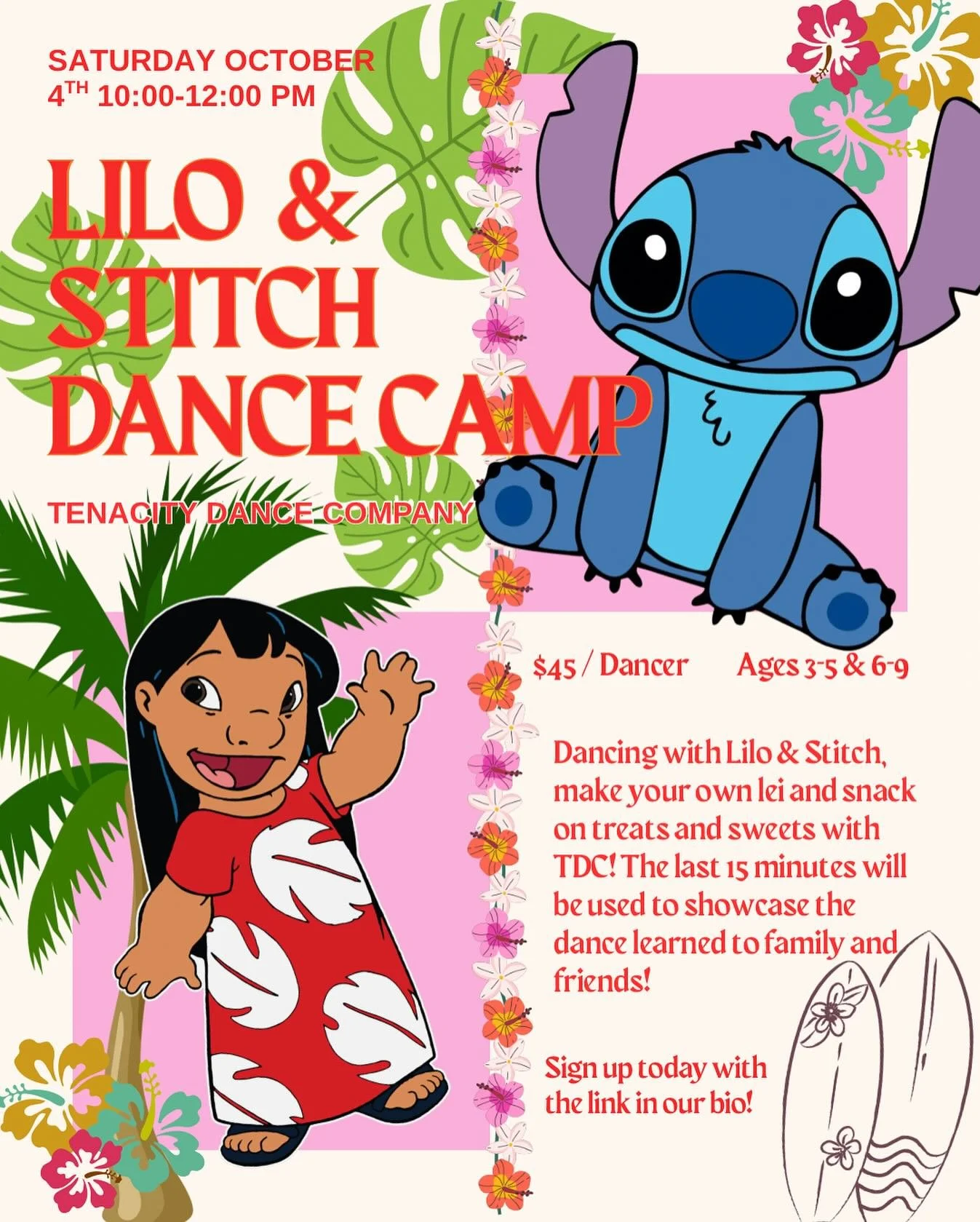 Start your Saturday with a splash with Tenacity, Lilo and Stitch! 

Make your own lei, snack on some treats and groove to a Lilo-inspired dance to impress family and friends! 

Sign up via link in bio or visit our website. 

$45 Dancer | Ages 3-5 &am