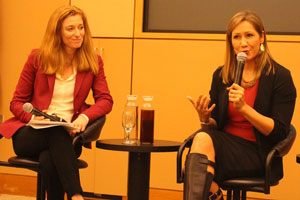 Melissa Lavinson, left, interviews Amanda Renteria, former Hillary Clinton political director, during a roundtable discussion about how to encourage more women to run for political office. (Photo by David Kligman.)