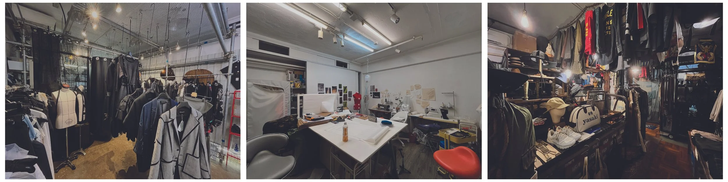 Three side-by-side photographs collaged together. Each photograph shows the studio and retail space of the collaborated designers in the research. From the left to right, they are Vincent Li Studio, Lam Wing Sum, and Luddite 1811.