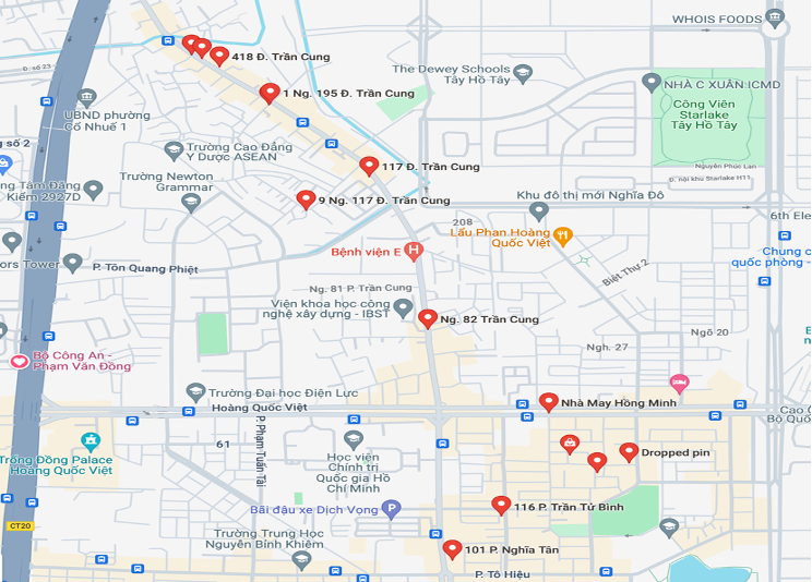 A digital screengrab of a map is shown, showing red pins in several places indicating where mending services can be found in Cau Giay, Hanoi.