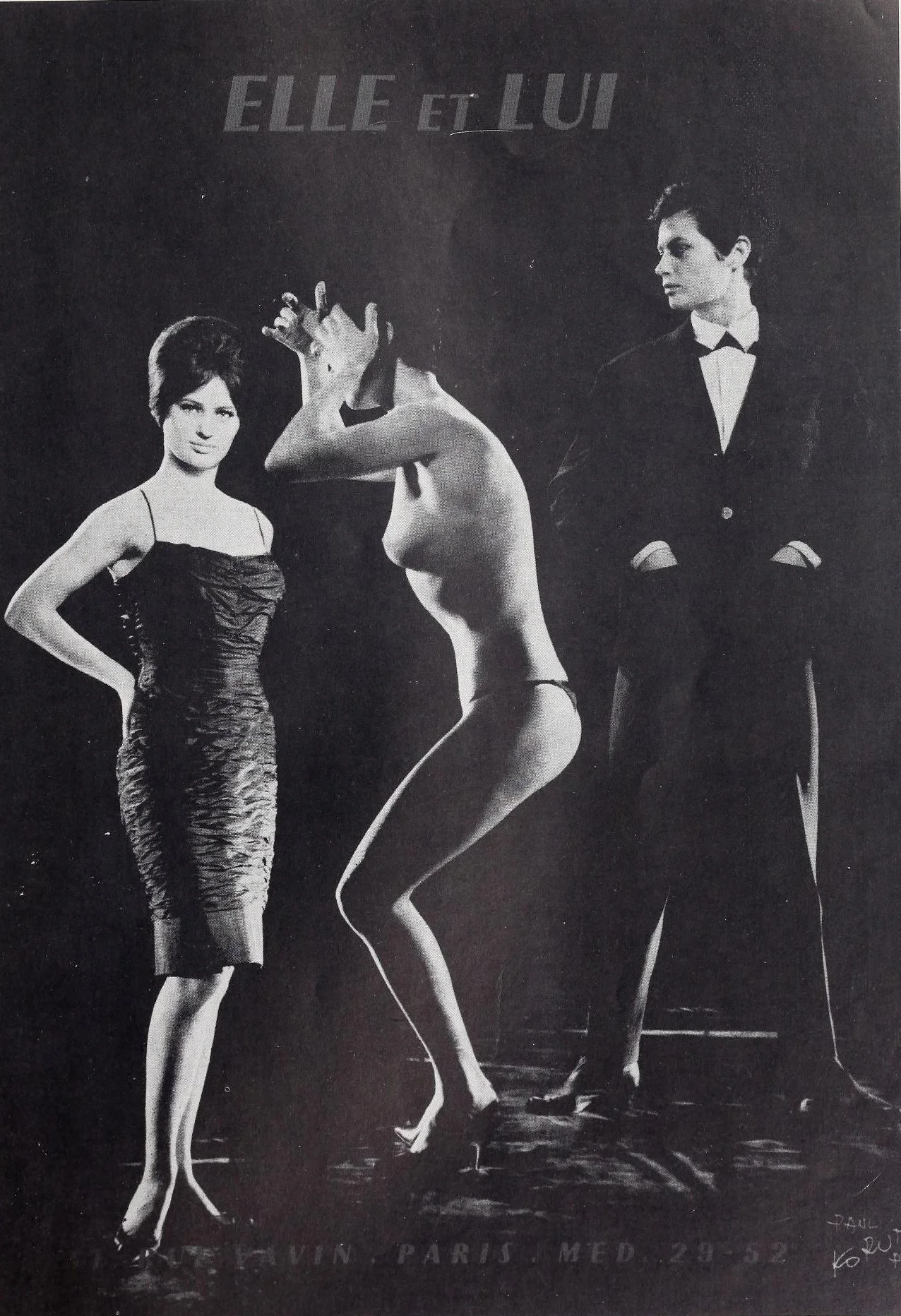 Advertisement for the venue Elle et Lui showing a triptych of a figure wearing a cocktail dress and sporting a bouffant hairstyle, undressed in the middle, and wearing a suit and tie on the right.