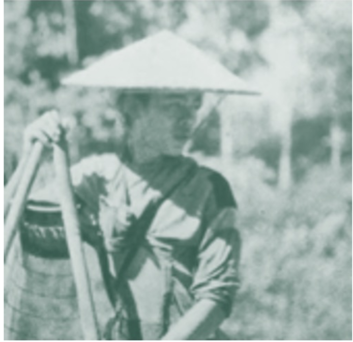 A black-and-white photo of a peasant wearing a nón lá and a shirt with a big mended patch over the left shoulder.