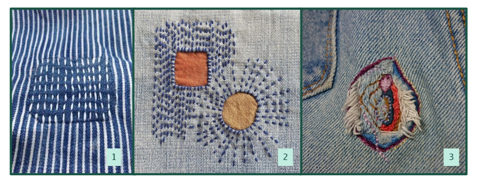 Three types of mending are shown in side-by-side images.
