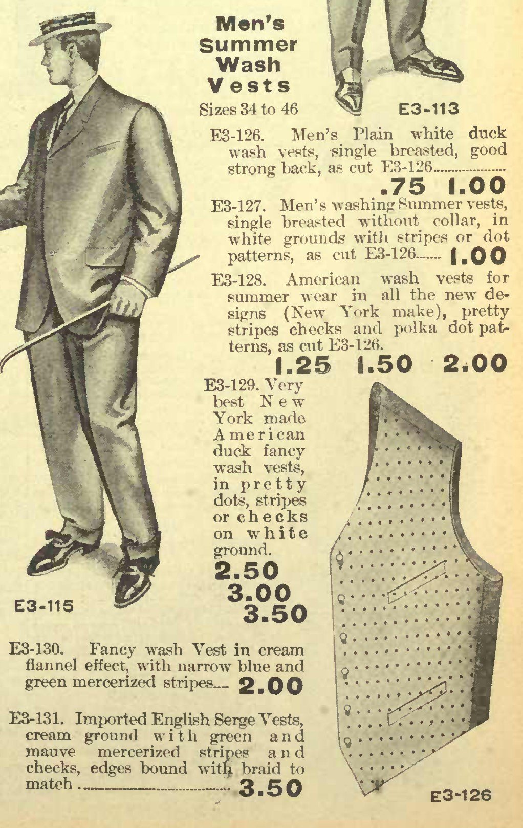 An Eaton's 1907 catalogue advertisement for "Men's Summer Wash Vests, Sizes 34 to 46."