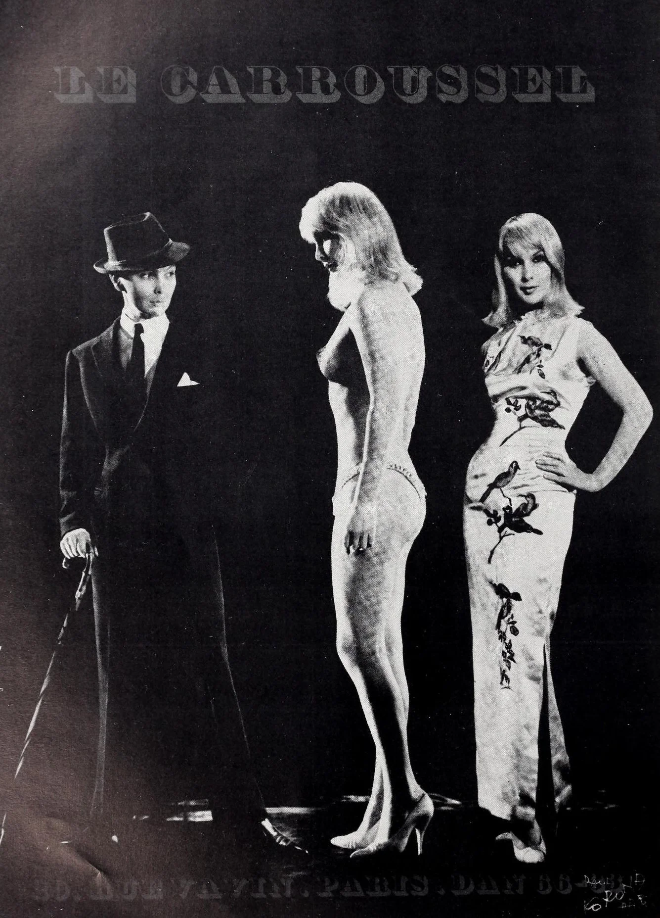 Advertisement for the venue Le Carroussel featuring the French female impersonator Bambi in a triptych wearing a suit and fedora on the left, undressed in the middle, and a feminine maxi dress and heels on the right.