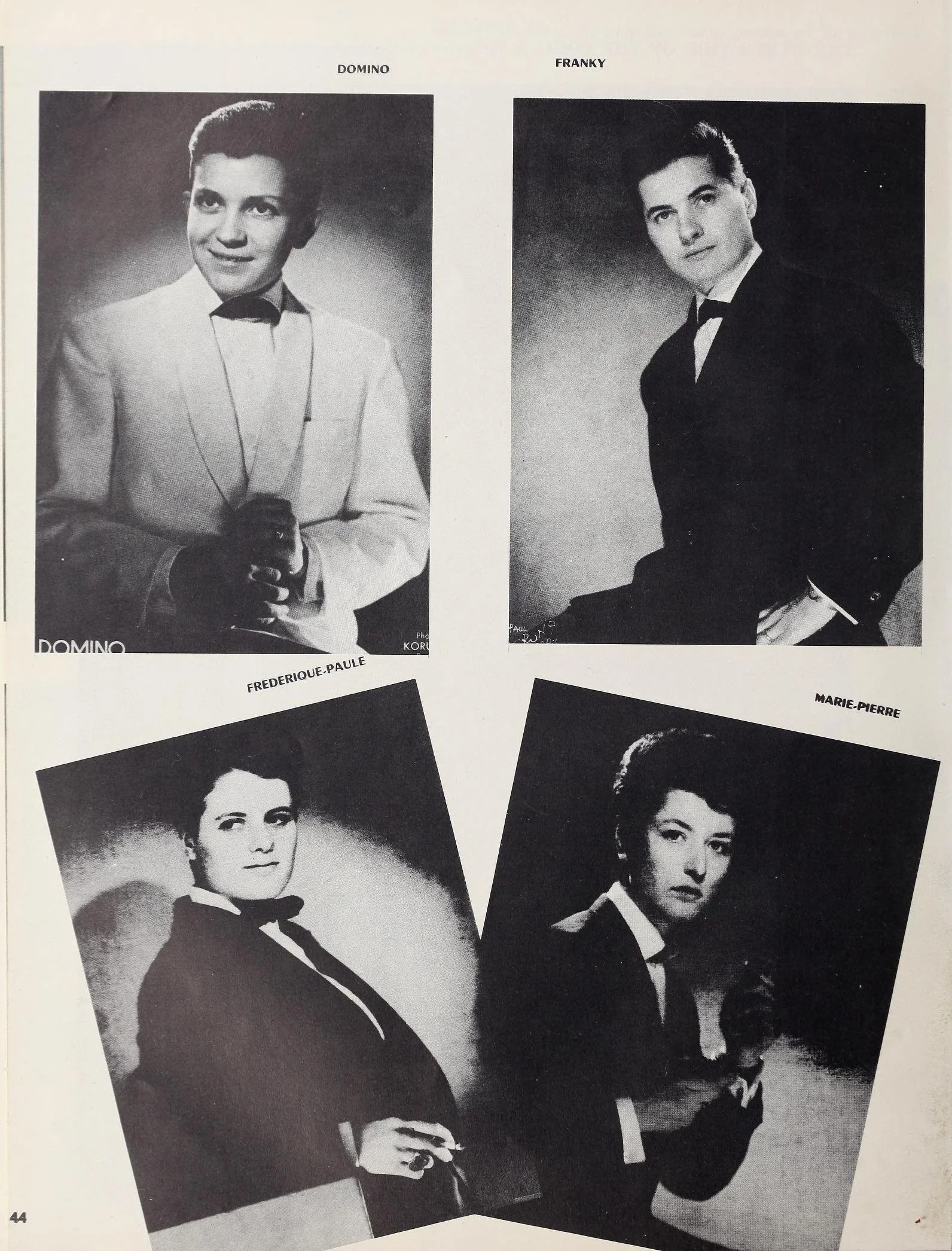 Male impersonators Domino, Franky, Frederique-Paule, and Marie-Pierre wearing suits and posing for individual publicity shots for the club Elle et Lui.
