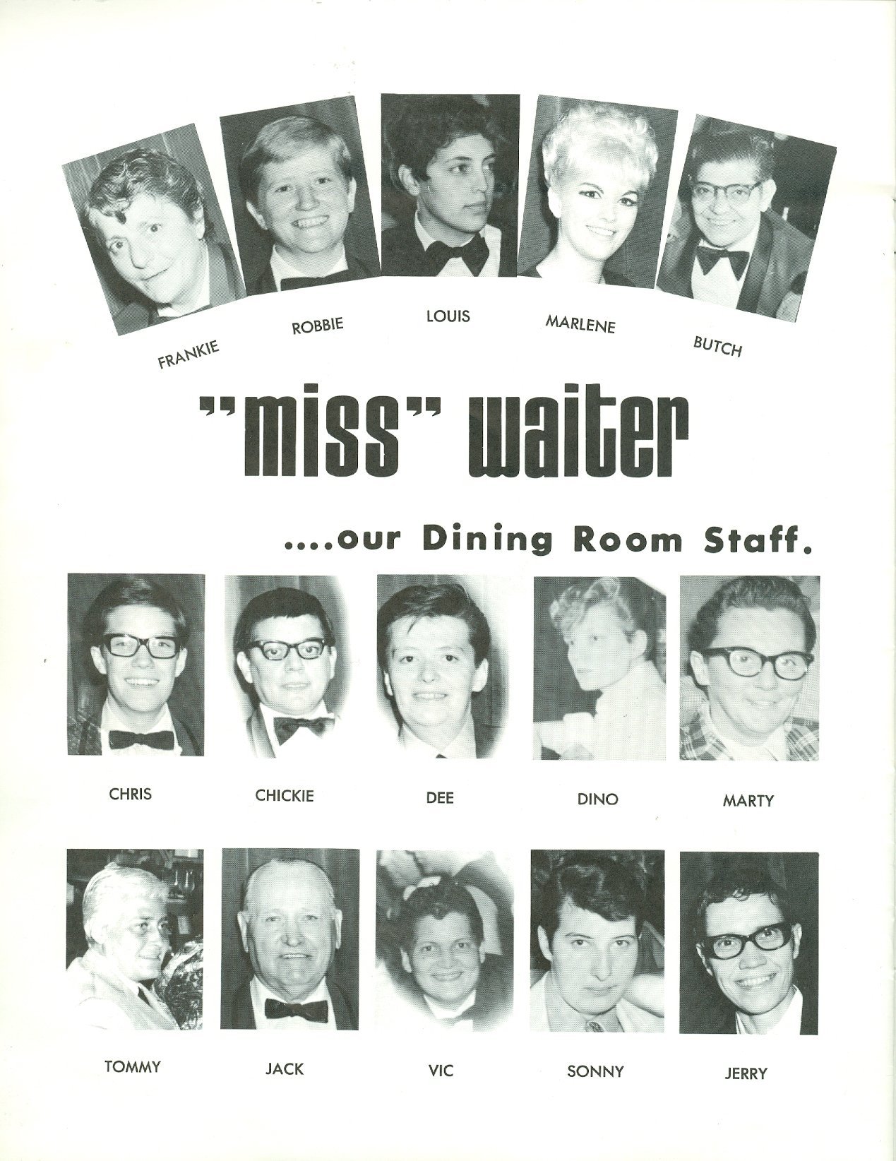 Collage of the cross-dressing female dining room staff at the New York City bar Club 82.