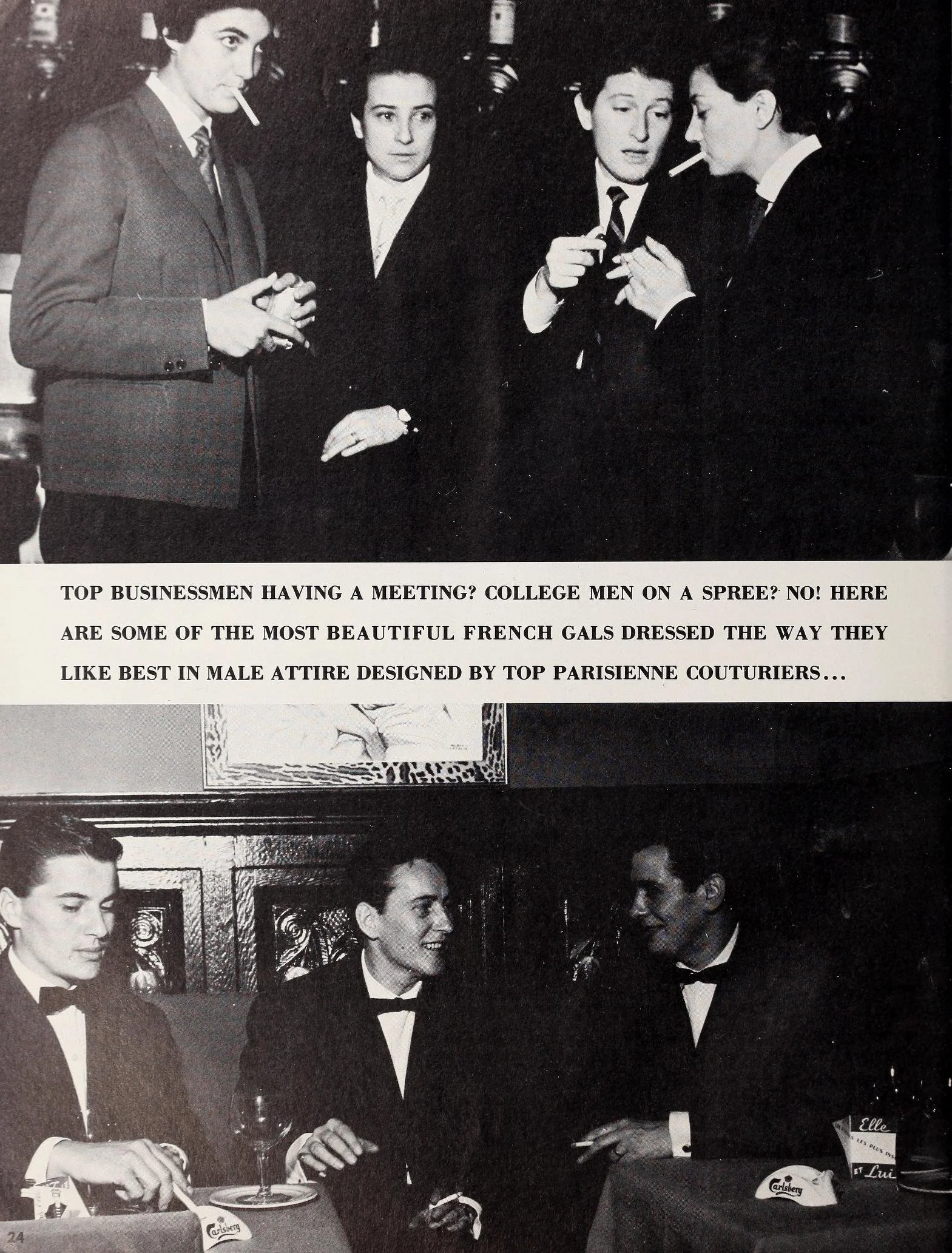 Comparison made in Female Mimics between four butch presenting attendees wearing suit jackets and smoking at one of the Parisian lesbian bars to an image of three men wearing typical suits with bowties and smoking.