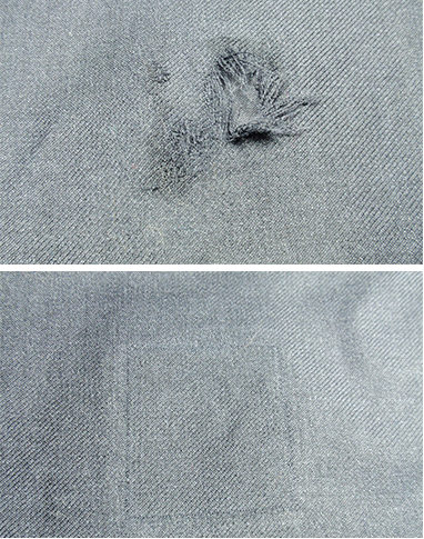 Two images of the same grey fabric show the before and after of invisible mending.