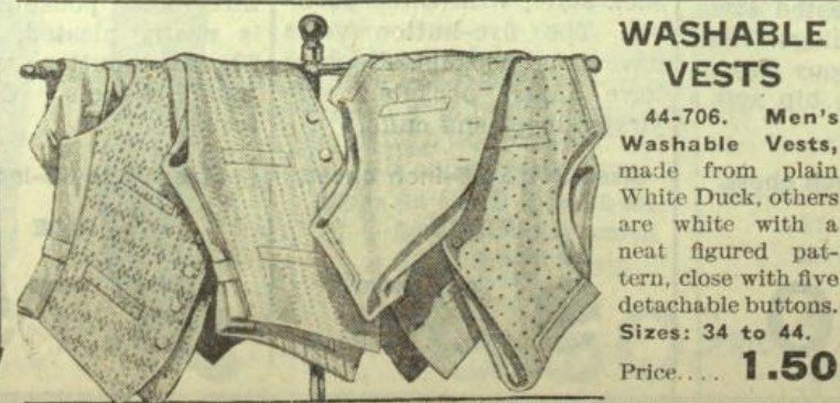 A close-up of an illustrated advertisement in Eaton's 1917 catalogue for "Washable Vests," depicting four vests of different patterns draped over a display or drying rack.