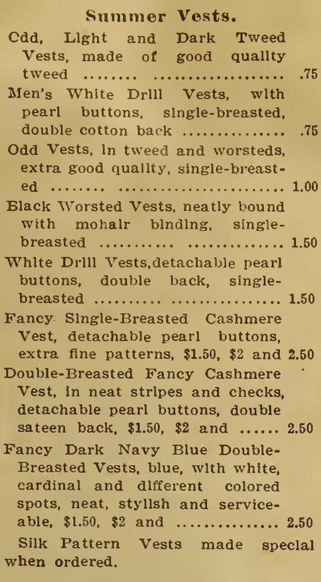 A close-up of Eaton's 1884 catalogue text advertisement for summer vests, including "White Drill Vest, detachable pearl buttons, double back, single-breasted" for $1.50.