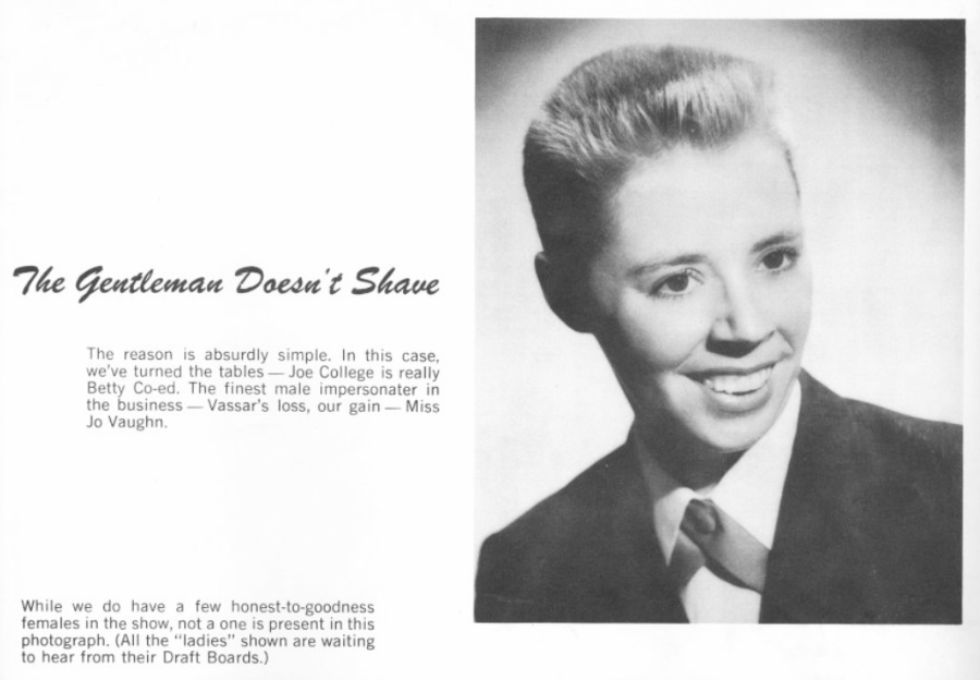 Male impersonator Jo Vaughn from a Club 82 program sporting short hair, a blazer, and a small tie.
