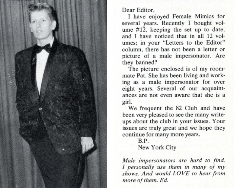Letter to the editor of Female Mimics from someone named B.P. noting the lack of male impersonators in the magazine next to a figure with short hair, a blazer, and a bowtie identified in the letter as the author's friend Pat.