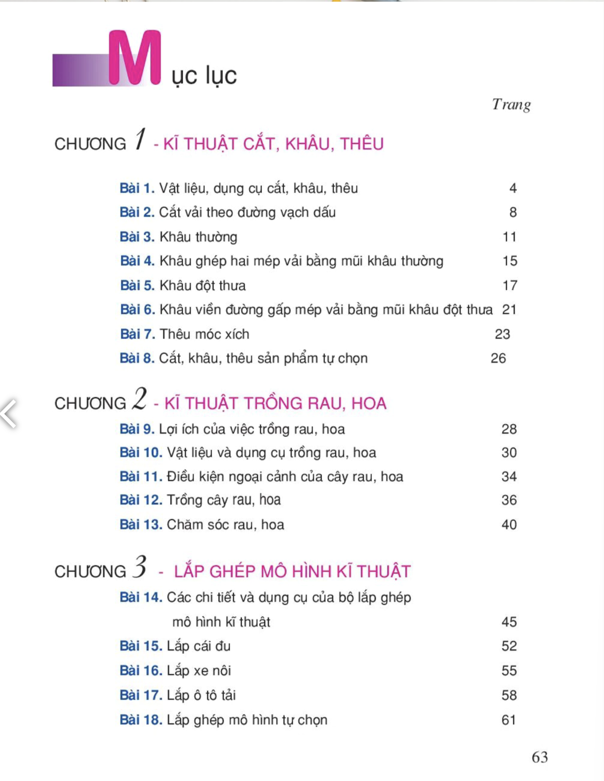 Table of contents page of “Kĩ-Thuật”, including 3 chapters: sewing-mending, gardening, and model building.