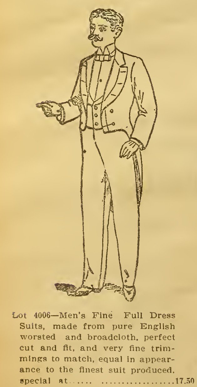 An 1884 Eaton's catalogue advertisement with a linework illustration of a mustachioed man in a tailcoat, pointing off to the left.