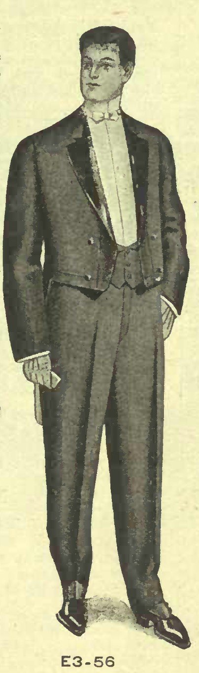 An illustration of a clean-shaven man in a black tailcoat, with a white shirt and bowtie, from the Eaton's 1907 catalogue.