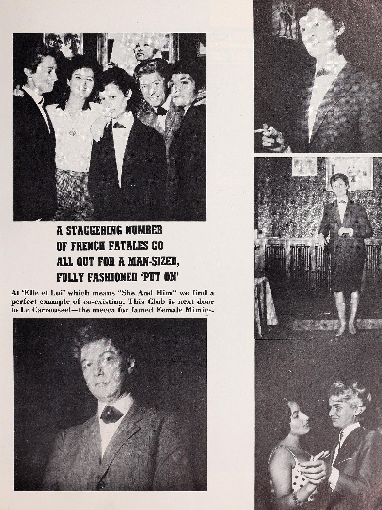 Collage of various figures from the club Elle et Lui wearing various shades of butch dress including suits and small ties.