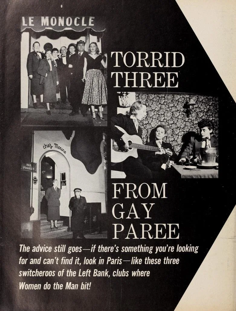 Cover page from an article titled ‘Torrid Three from Gay Paree’ showing guests standing in front of or inside famous queer Parisian cabarets including Le Monocle, Elle et Lui, and Chez Moune.
