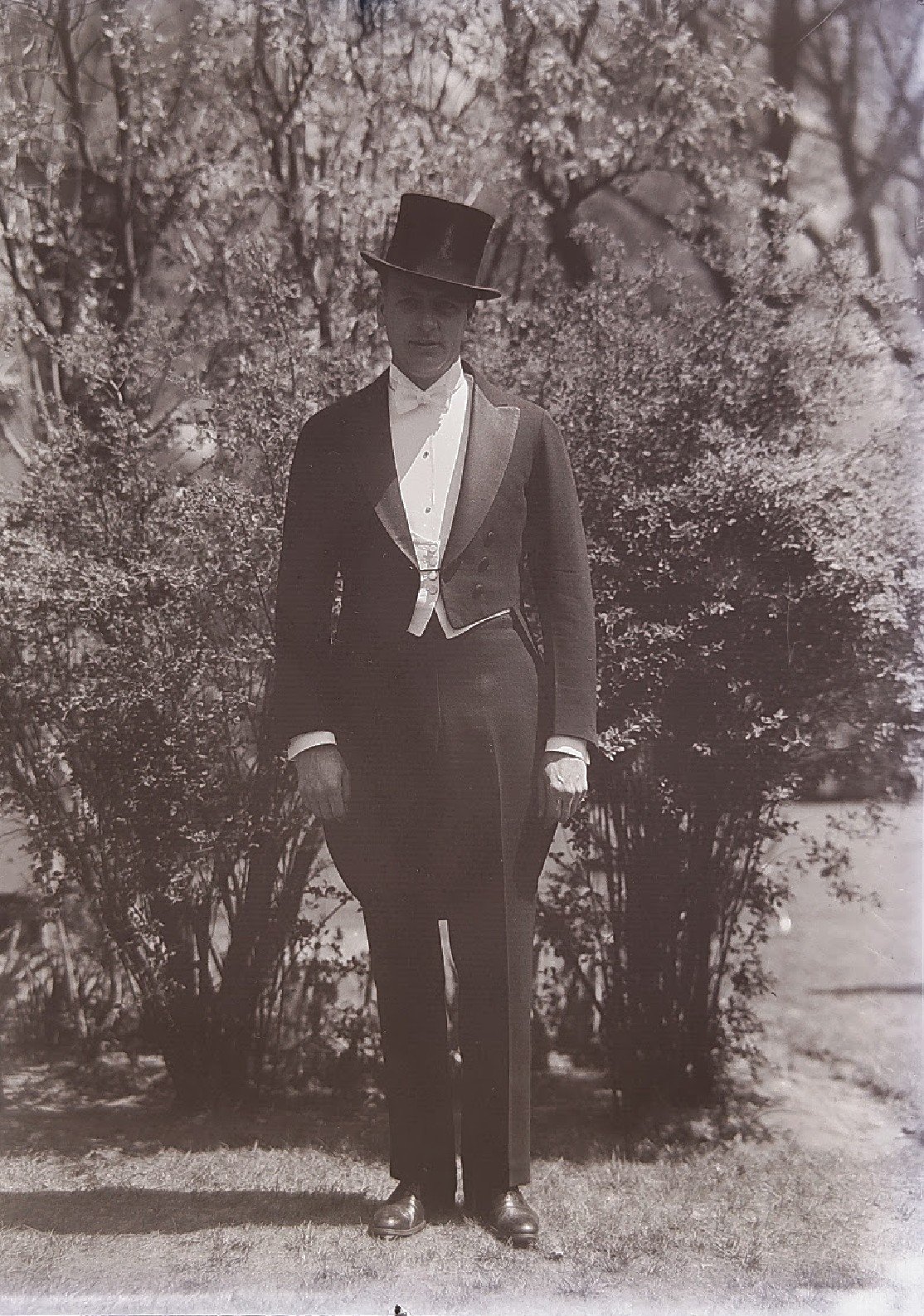 A man in a tophat and black tailcoat dress suit stands outside in this black-and-white photograph. It is a sunny day, and he stands in front of two bushes. His waist is very narrow, accentuated by the flair of his coattails.