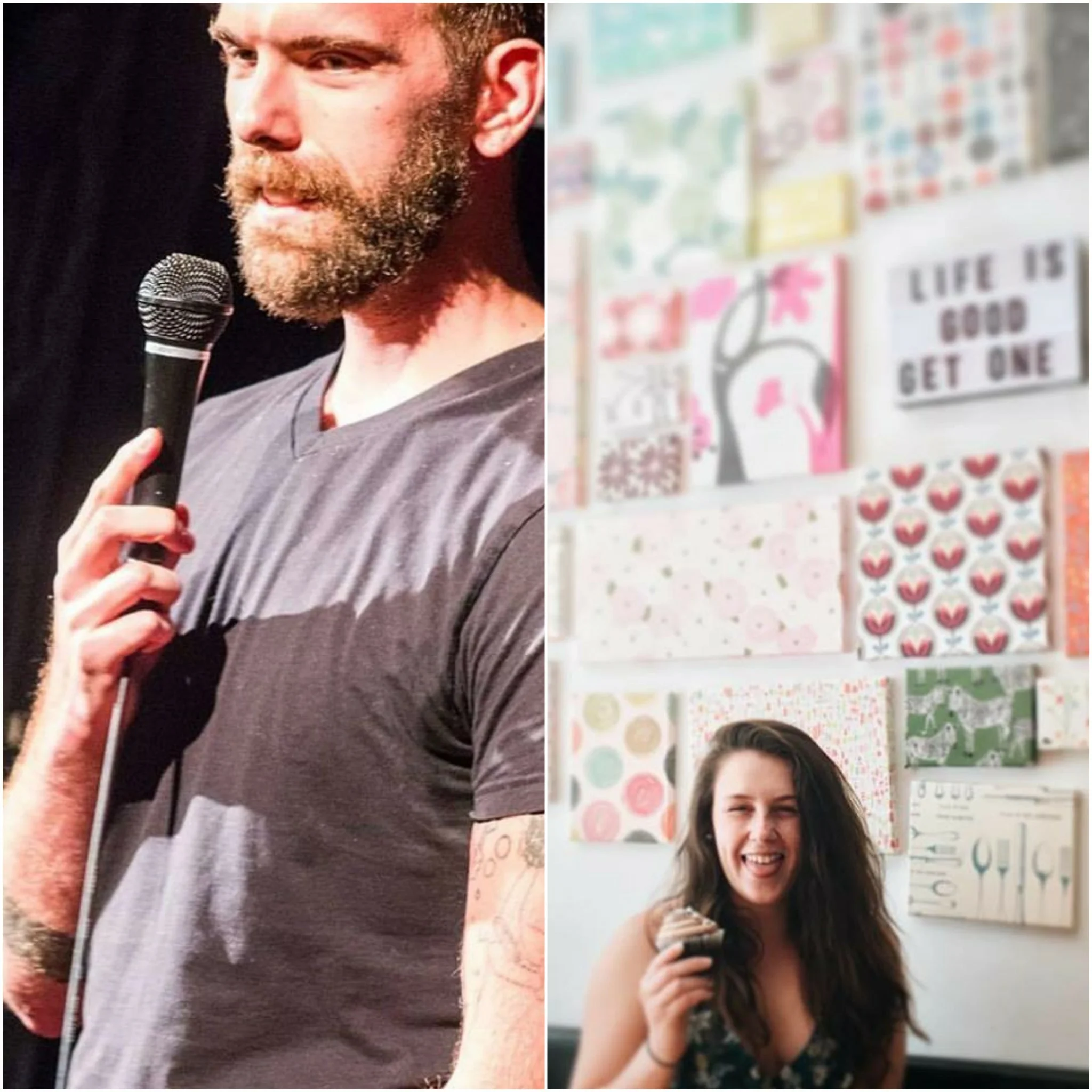 (On the Left: Zac eyein’ some nachos in the audience while in the middle of a sick punchline delivery. On the Right: Michaela manifesting physical art pieces from her mind.)