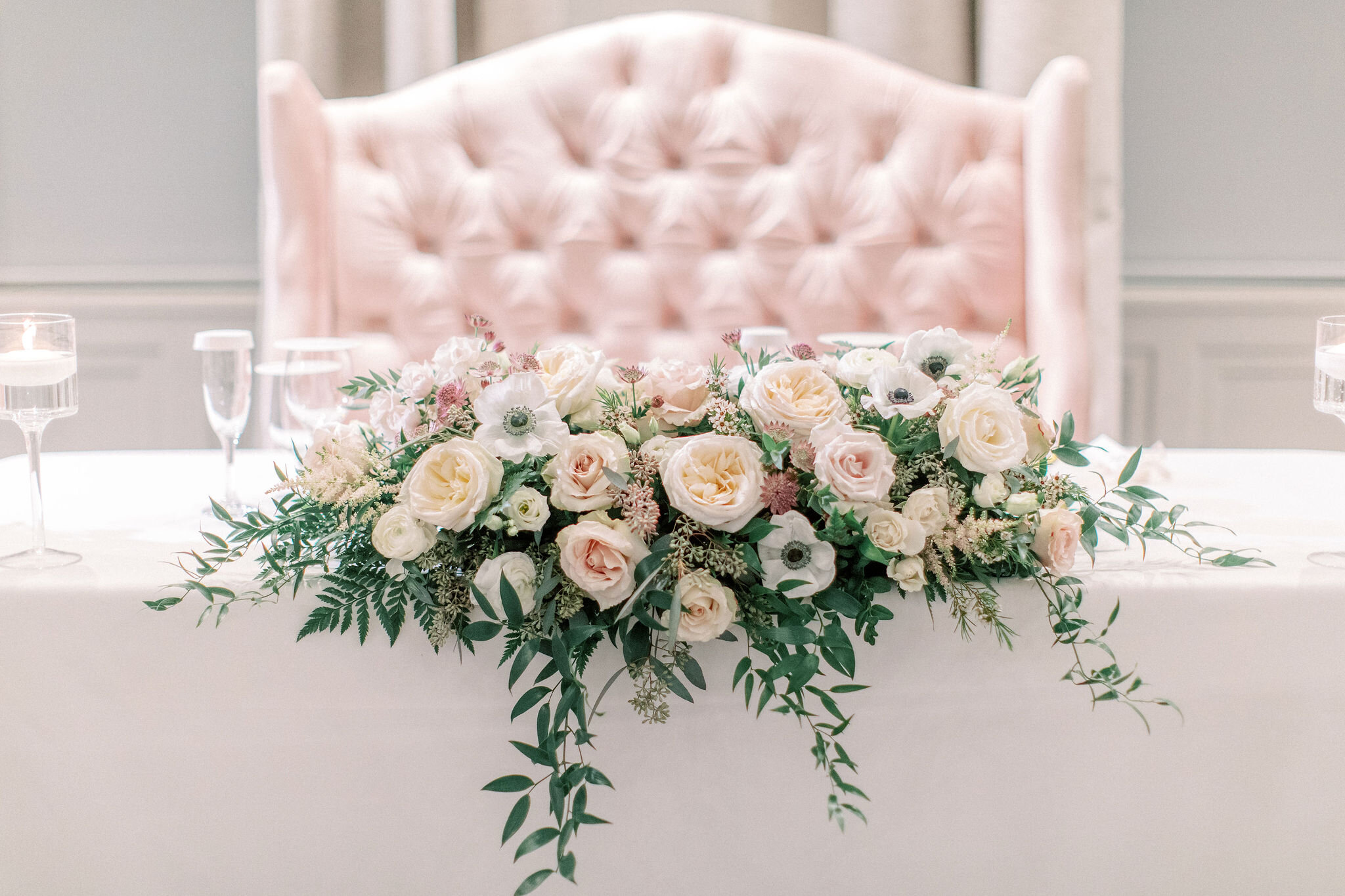 Sweetheart table centerpieces with anemones, Flowers by Janie, Calgary wedding.jpg