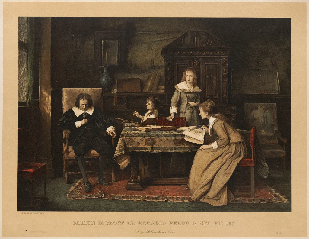 An ocularly benighted Milton dictates the opus to his daughters