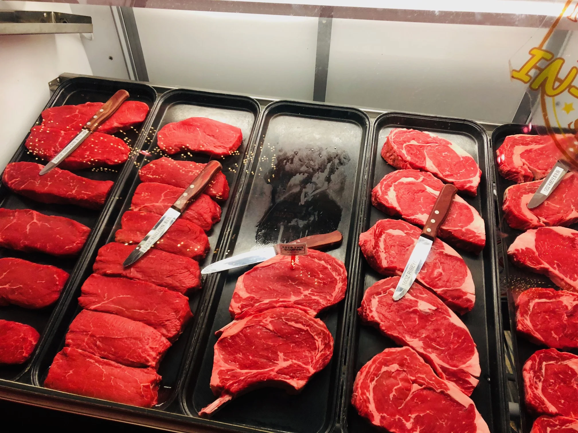 So here is why intermittent fasting can be awesome. Yes—Steaks. These steaks are in the case at the local Texas Road House restaurant in the North Hills of Pittsburgh.