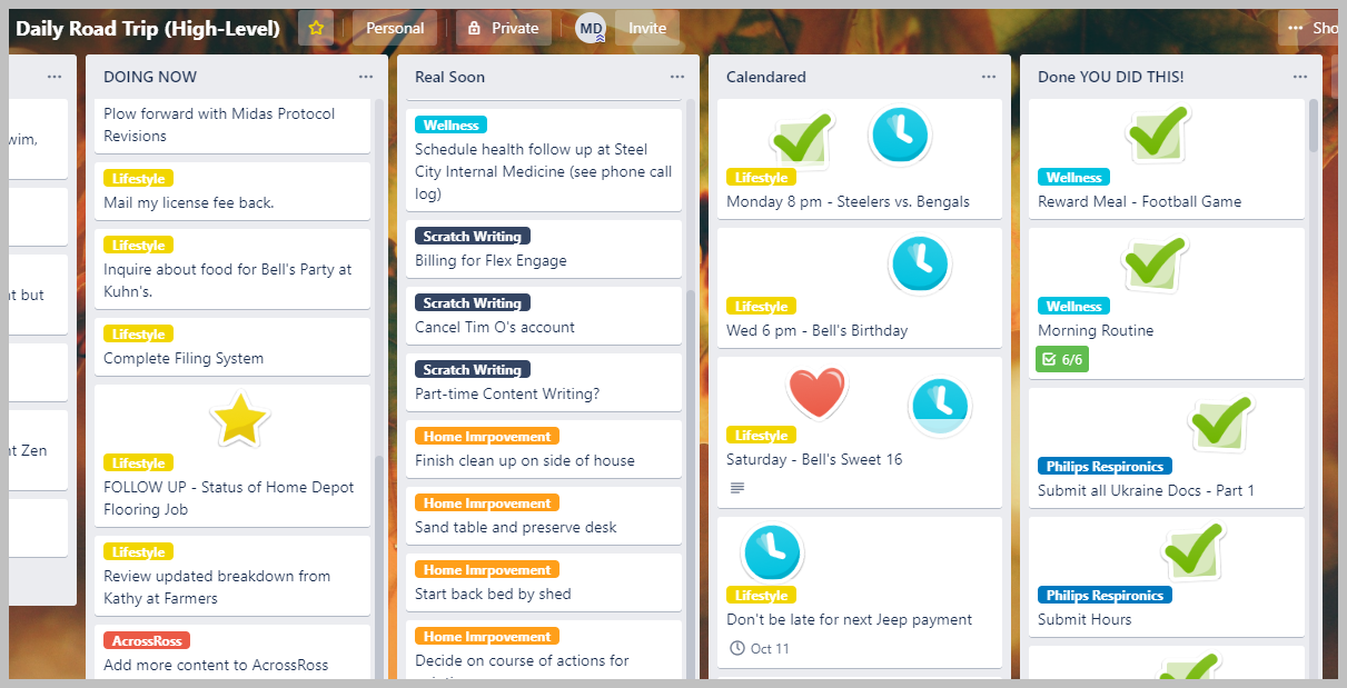Scratch’s Trello List. Each day I build a DOING NOW list. Oftentimes in the past, I never make it through the whole thing. Lately, I have. Each morning, I focus on making it happen. I visualize it all getting done. Then, I move forward with the action. I really sucked at this at first, but on my third week I am noticing great improvement in my ability to focus on what I should be doing while minimizing distractions.