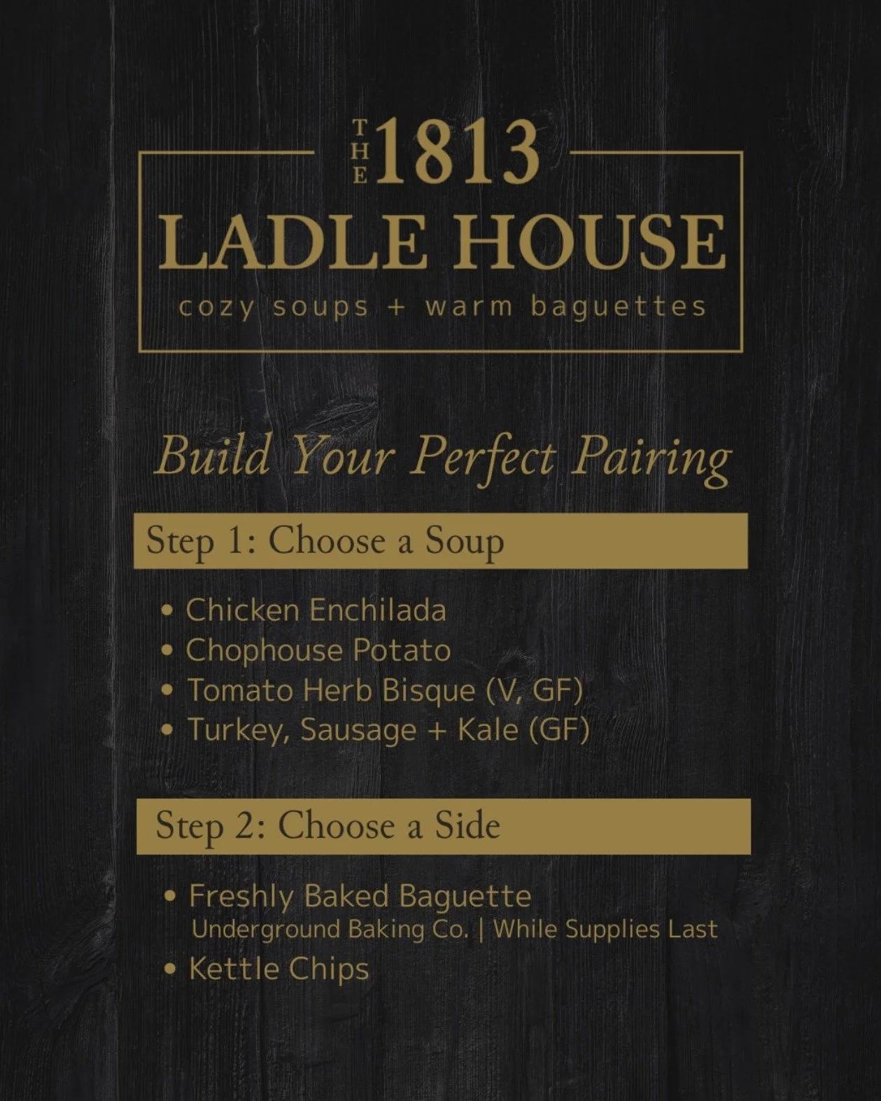Soup and bread are the ultimate fall duo.
The new 1813 Ladle House at Jeter Mountain Farm is now open, serving four flavors of warm soup alongside our fresh baguettes.
Open Saturdays and Sundays, 11&ndash;5. Find it just to the left of the Cider Barn