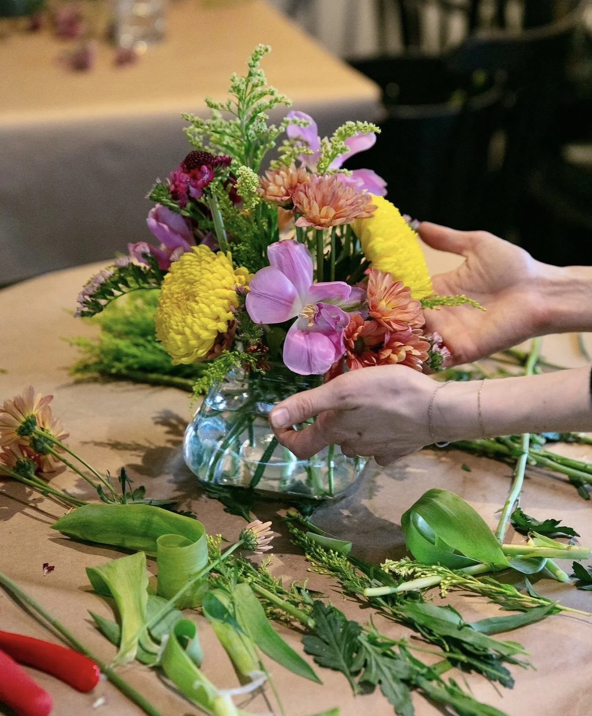 Flower arranging workshop in northside Indianapolis flower shop.