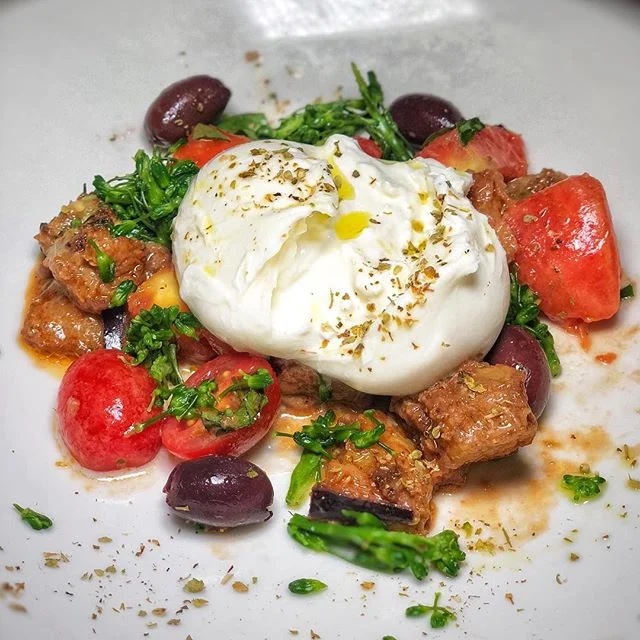 burrata |🍆| eggplant funghetto, broccolini, tomato, olives | #themiamimenu #cecconismiami #miamispice