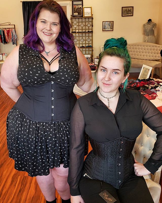 Did you know that we do corset fittings? We carry corsets from @darkgardencorsetry and @whatkatiediduk in a limited size range. Pictured here are two styles, our fitter Veronica on the right is in a gorgeous brocade corset from Dark Garden (in stock)