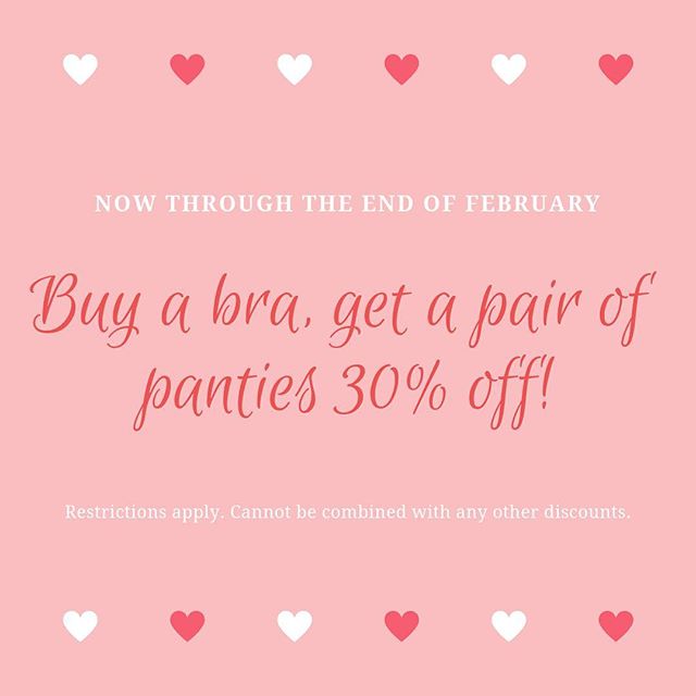 One week left for this great deal! Hurry in for 30% off any pair of panties with purchase of any bra! Ends 2/28/19
.⠀
.⠀
.⠀
.⠀
#revelationinfit #revelation #demystifyingthedd #sanfrancisco #bodypositivity #bras #brasthatfit #brafitting #brafashion #i