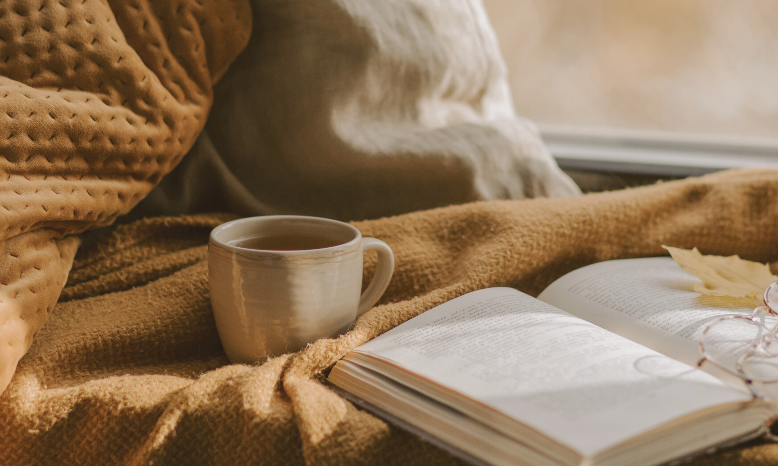 A cozy corner by a window perfect for a highly sensitive person with soft blankets, pillows, a book, and a warm drink.