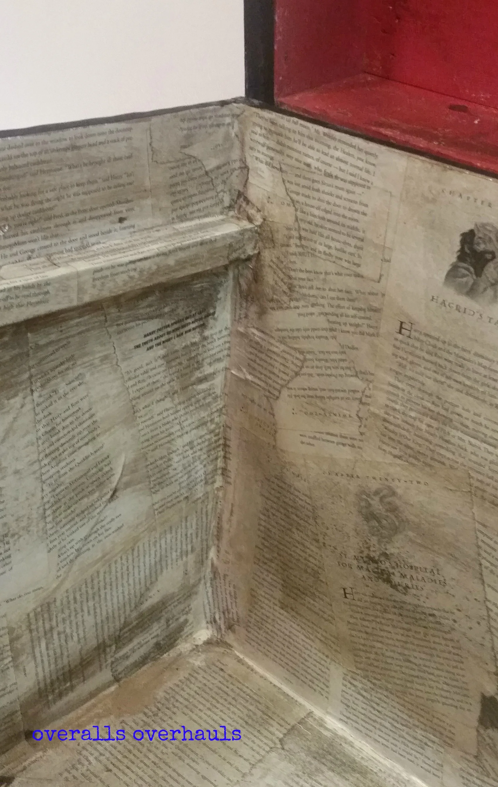 Here is where my weak photography skills don't do justice. The inside of the trunk is lined with distressed pages of the 7th book. It's smooth inside - believe it or not.