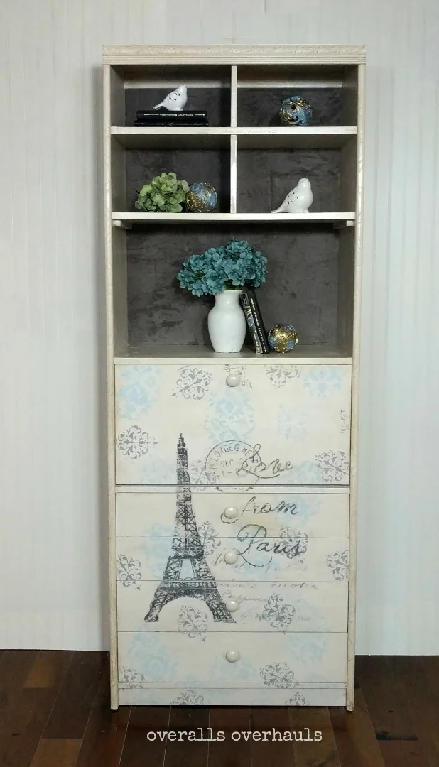 Available now! French-inspired secretary desk with tons of storage. Raise stencil detail adds texture and depth. 