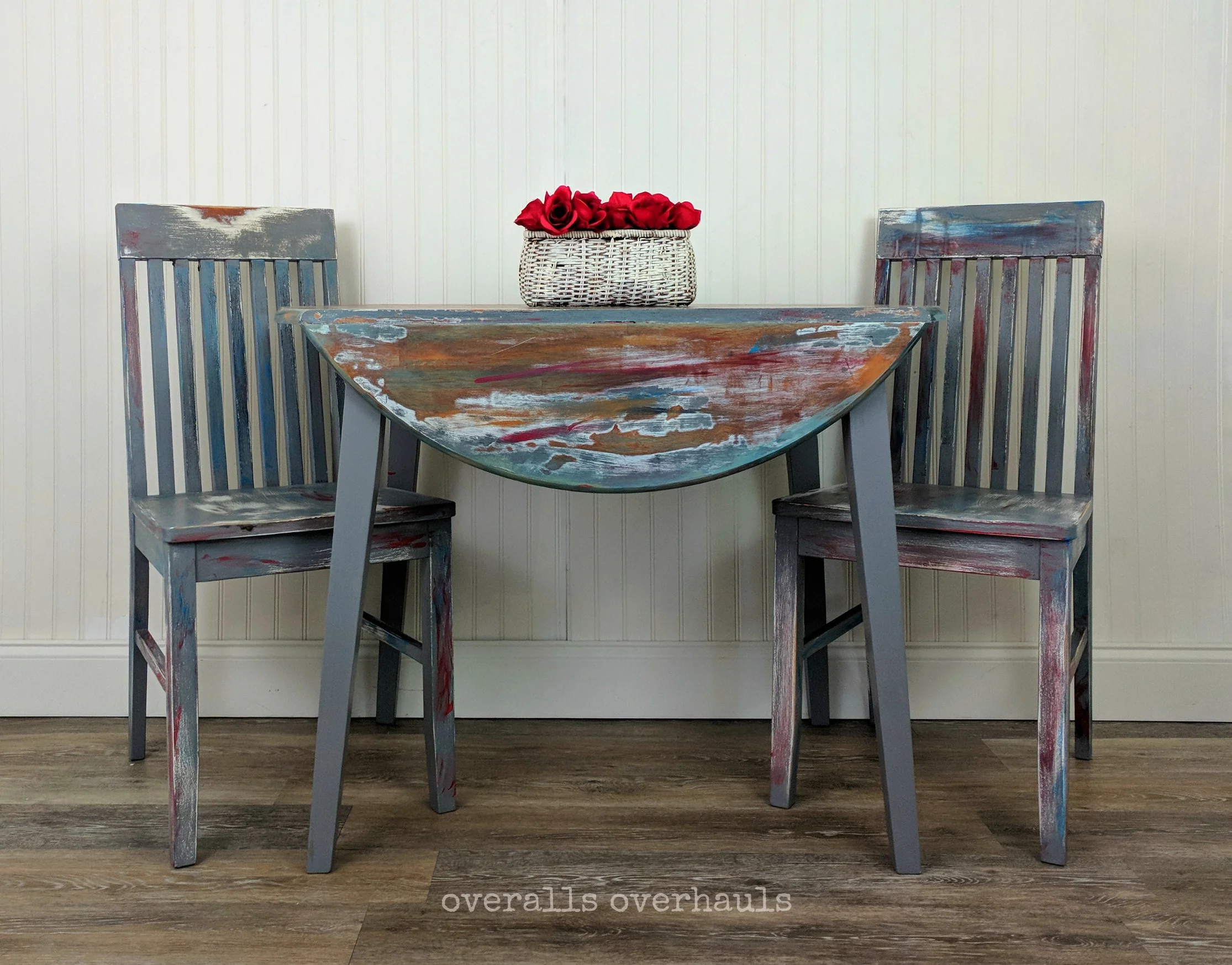 Colorfully distressed table & chairs. Unavailable. This finish can be recreated on a piece you own or on a piece I help you find.