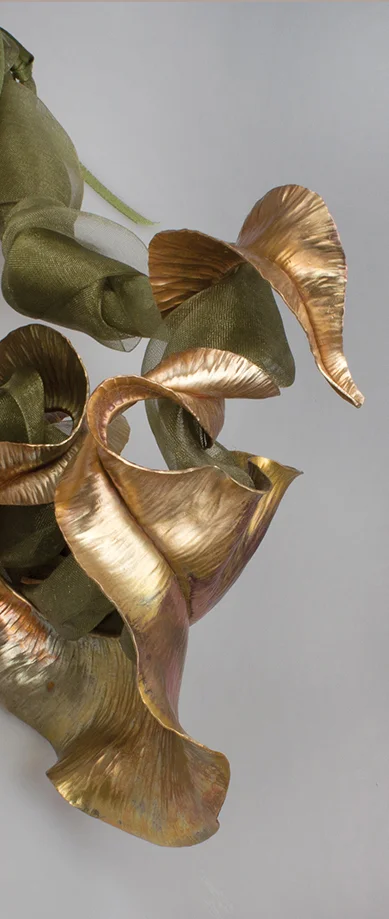  'kahlo rococco' neckpiece homage to frida kahlo II  foldformed and raised bronze, organza ribbon 