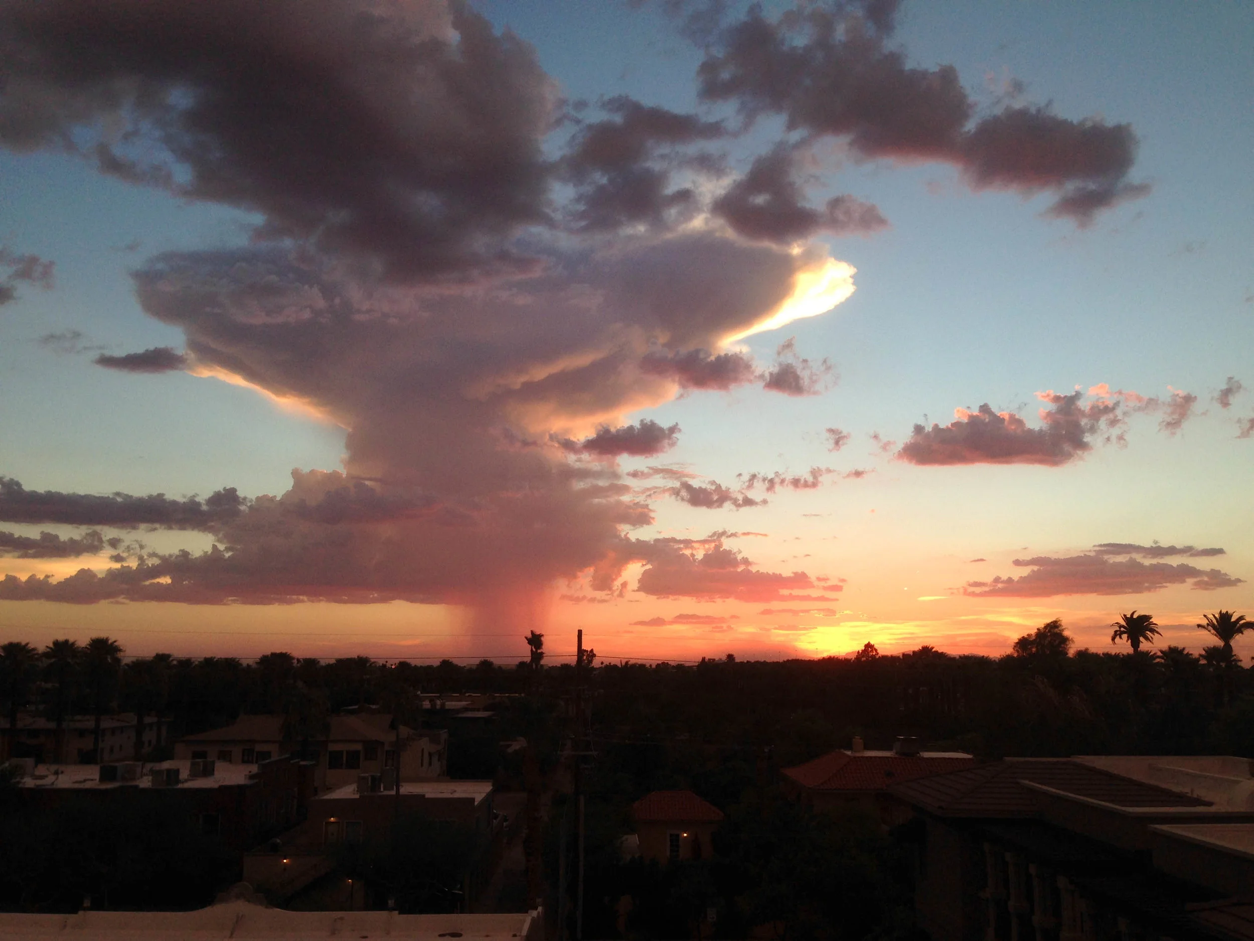 The setting sun illuminates a thundercloud over the city.&nbsp; 