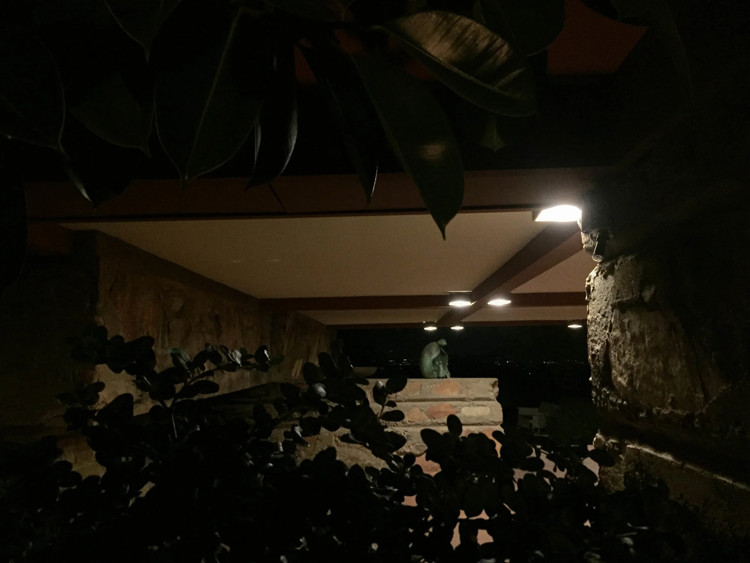 A view of Frank Lloyd Wright's Taliesin West during a nighttime tour.