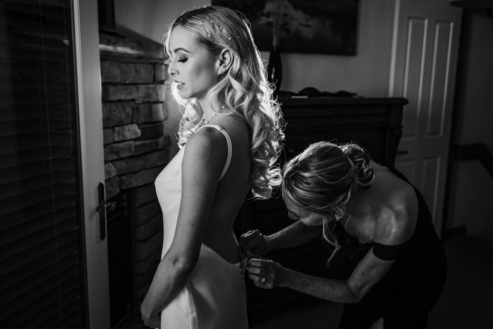 Bride Getting Dressed Black and White