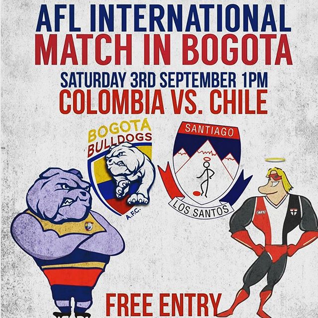 El historico partido internacional de futbol Australiano! Colombia v Chile! 
History will be made this Saturday! The first ever AFL international match will be played in Bogota, Colombia!! Aussie rules is starting to get popular now in this part of t