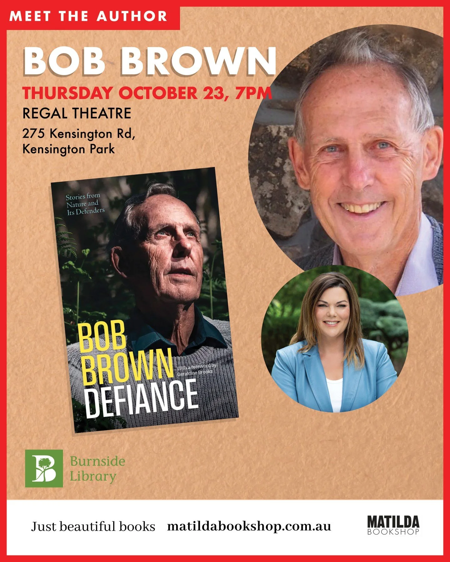 We couldn't be more excited , alongside our friends at Burnside Library,  to present Bob Brown for the launch of his new book, Defiance: Stories from Nature and Its Defenders. Bob, environmental and social justice campaigner and former senator, will 