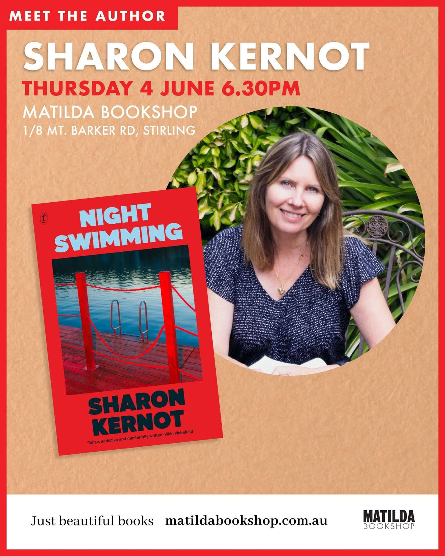 It is our pleasure to present Meet the Author: Sharon Kernot for the launch of her stunning thriller novel in verse, Night Swimming.

Sharon is an Adelaide Hills author of formidable talent and firm friend of the bookshop, and she will be in conversa