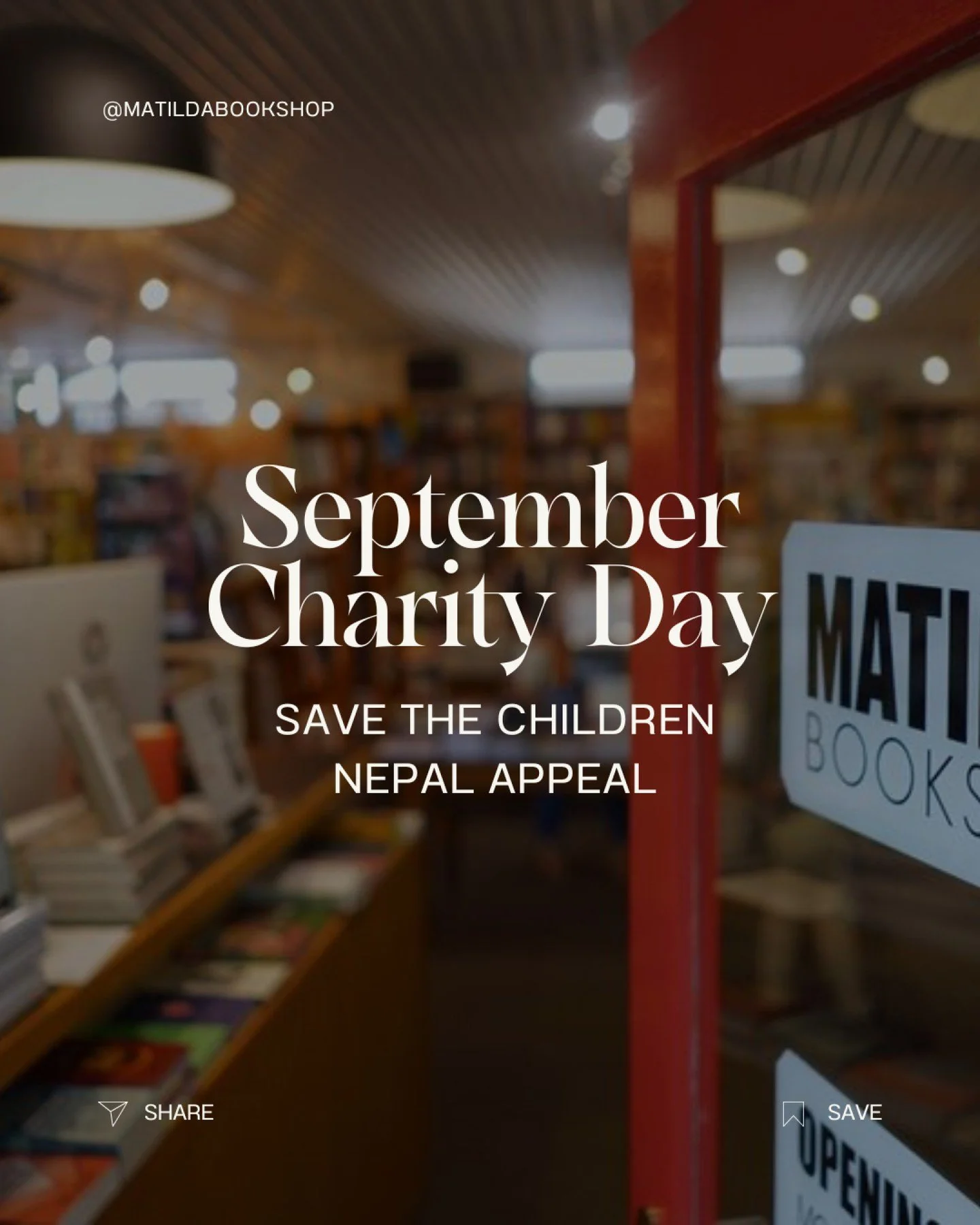 &hearts;️ MATILDA BOOKSHOP CHARITY DAY&hearts;️

Tomorrow is our monthly charity day where 15% of the value of each book sold, either in the shop or via our website, is donated to an organisation we believe in.

Choosing to buy your books from us tom