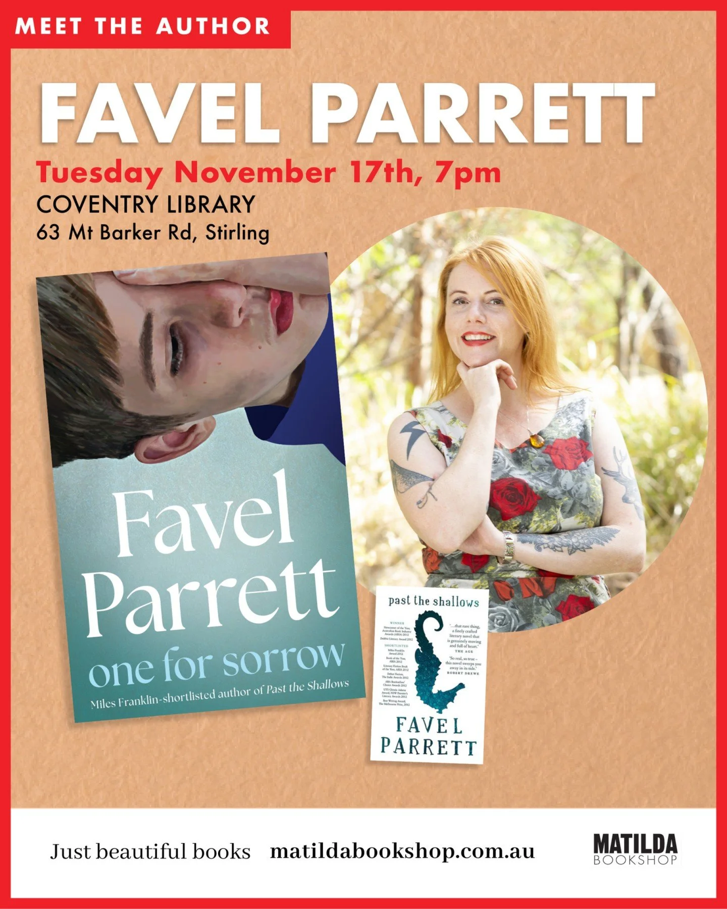 We are thrilled to be hosting Meet the Author: Favel Parrett, in association with the Coventry Library, for the launch of Favel's stunning new novel, One For Sorrow. Favel is the author of the Miles Franklin shortlisted, Past the Shallows, the critic