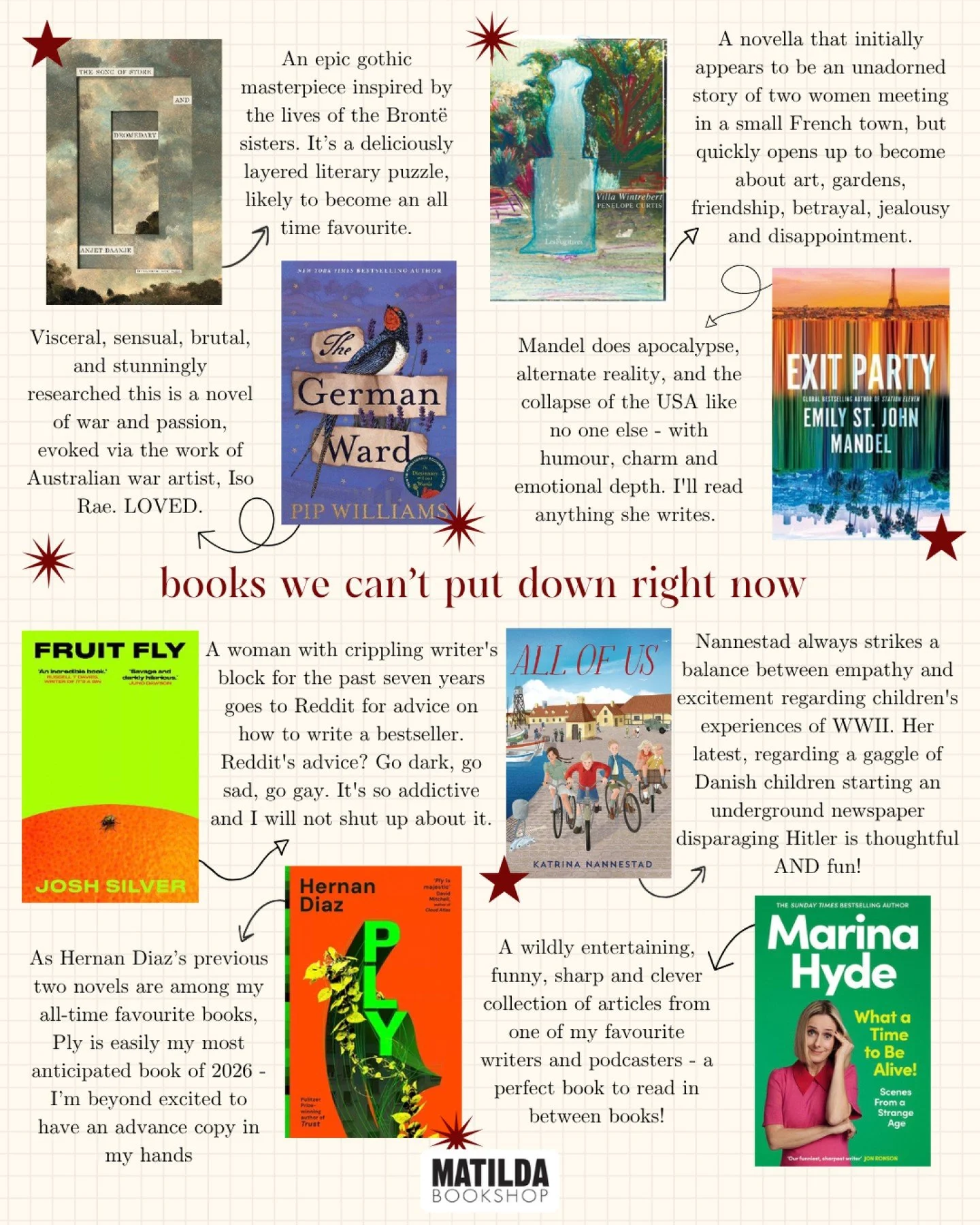 As the Matilda Bookshop booksellers awoke one morning from uneasy dreams they found themselves transformed by the books they read most recently.

Here are those transformative books that we couldn't put down 🤩