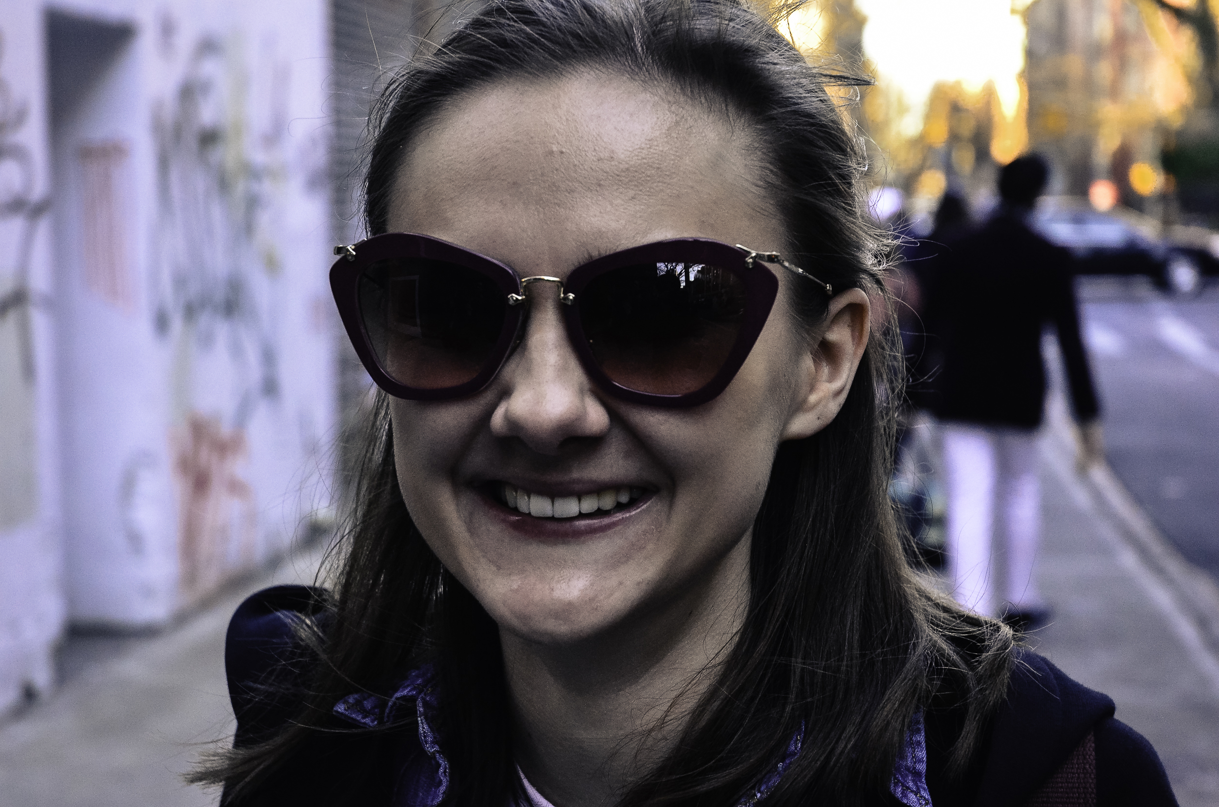 She’s wearing an earlier but still stunning pair of Miu Miu sunglasses. The best part is it’s rim – the perfect synthesis of cat-eye and square.