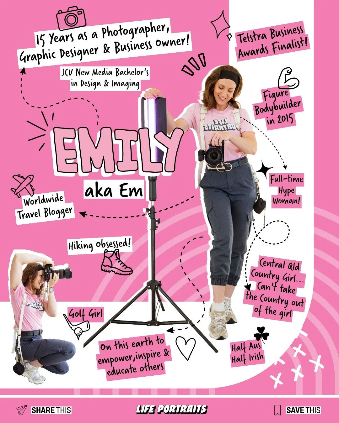 ✨️📸👩&zwj;🦰 Meet the Woman Behind the Lens.... Emily (aka Em)✨️📸👩&zwj;🦰⁠
⁠
15 Years. One Mission... Capturing &amp; empowering your vision, your brand, your life. 💥⁠
⁠
Hi, I'm Em, your lady in pink.... The Life Portraits &quot;Full-time Hype Wo