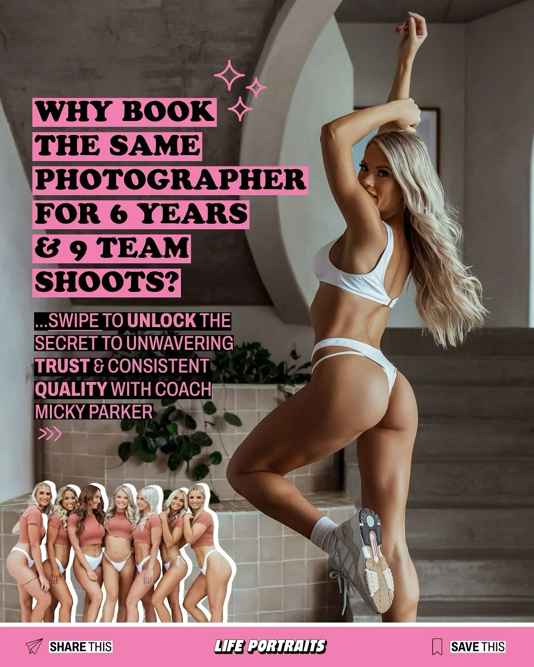 WHY BOOK THE SAME PHOTOGRAPHER FOR 6 YEARS &amp; 9 TEAM SHOOTS?⁠ 📸💥⁠
⁠
Micky came to us six years ago and has built her health and fitness brand with Life Portraits right alongside her, she&rsquo;s our definition of client loyalty!⁠
⁠
When your wor
